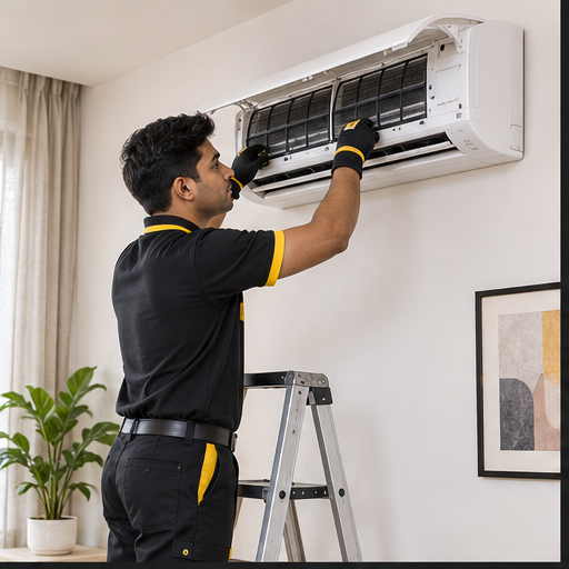 Technician repairing a split air conditioner