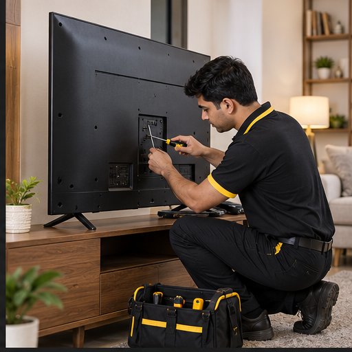 Technician repairing a television
